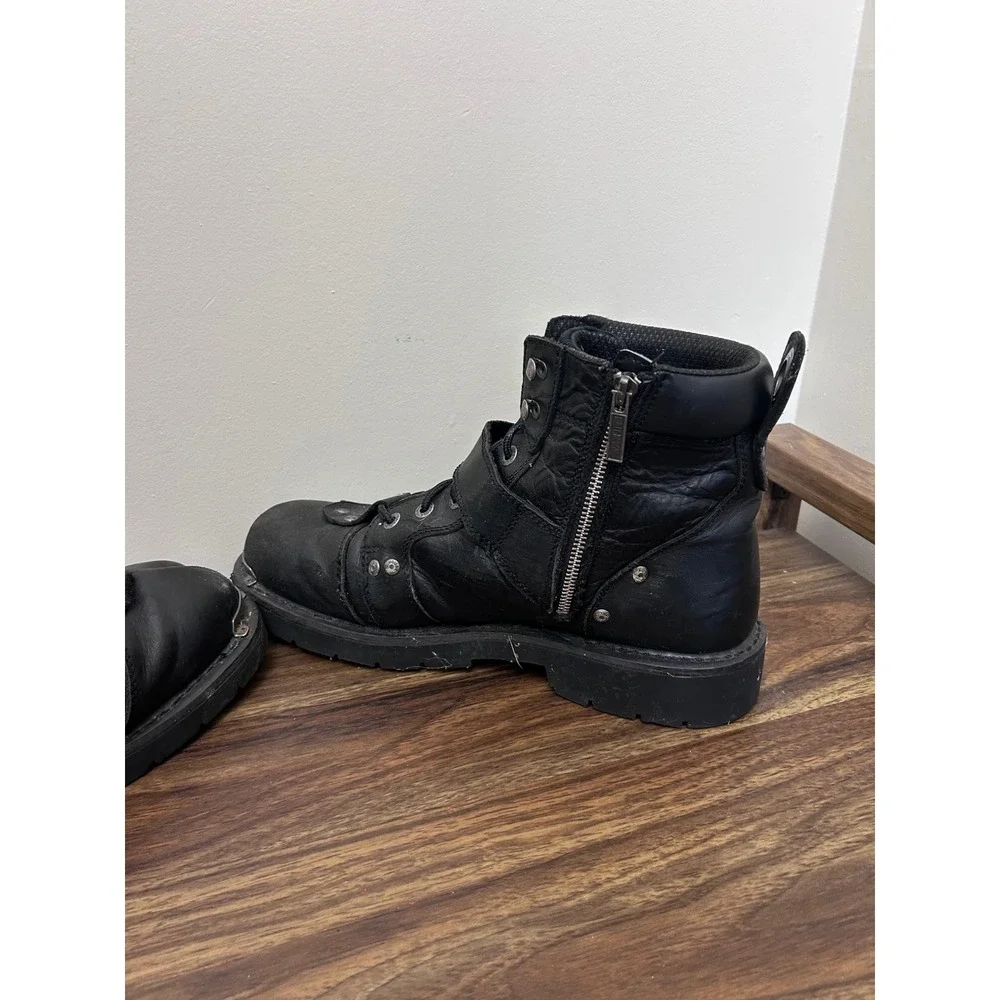 Harley Davidson Mens Black Leather Biker Boots Side Zip Buckle Moto Lug Sole